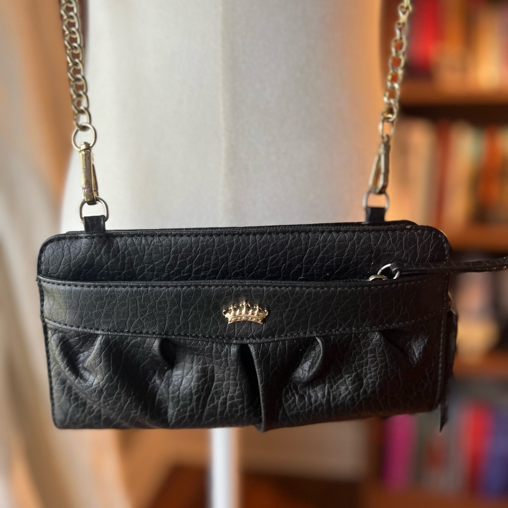 Juicy Couture Black Leather Crown Crossbody Baguette Bag | Gold Chain Strap Y2K